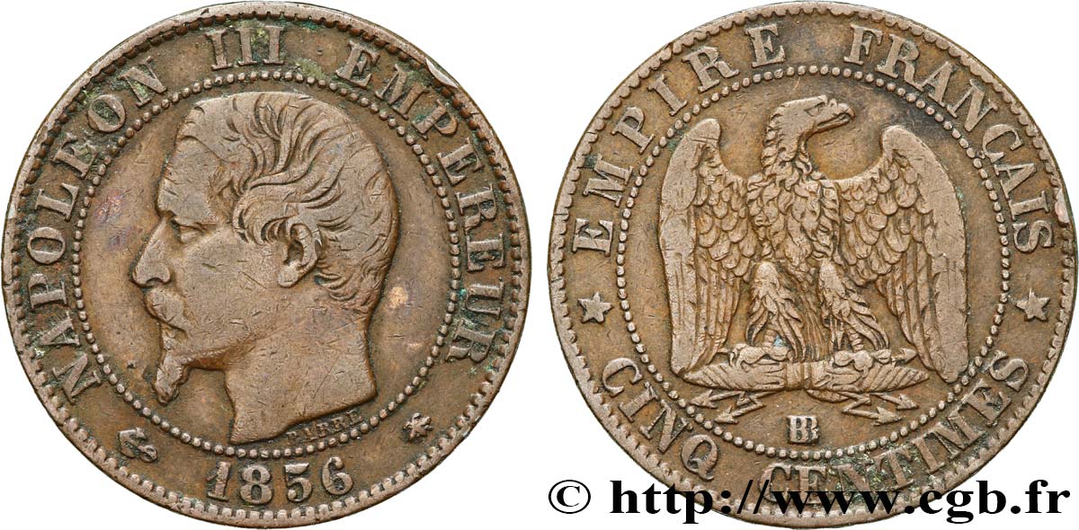 Cinq centimes Napoléon III, tête nue 1856 Strasbourg F.116/32 TB25 