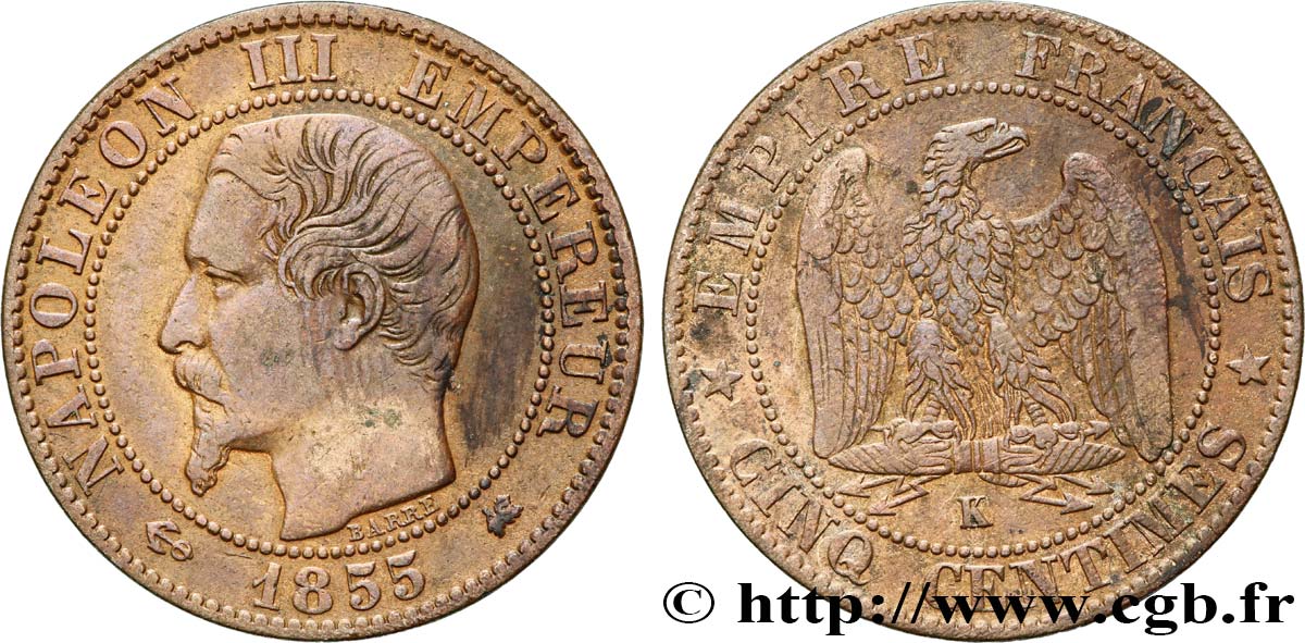 Cinq centimes Napoléon III, tête nue 1855 Bordeaux F.116/25 TB30 