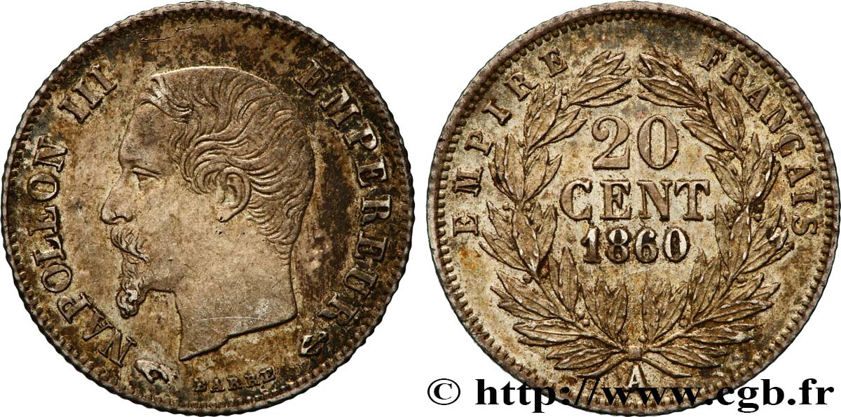 20 centimes Napoléon III, tête nue 1860 Paris F.148/14 SS50 