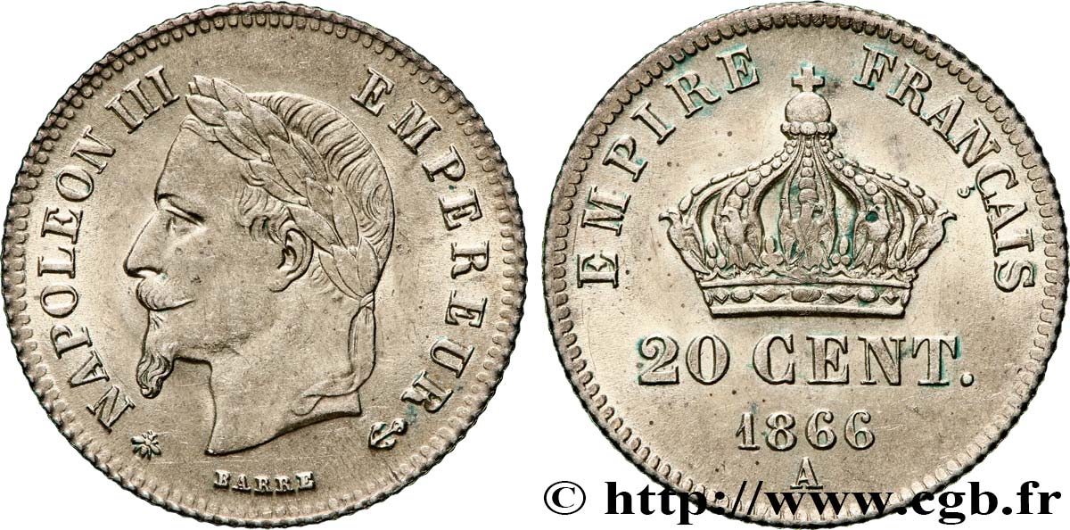 20 centimes Napoléon III, tête laurée, petit module 1866 Paris F.149/4 SUP 