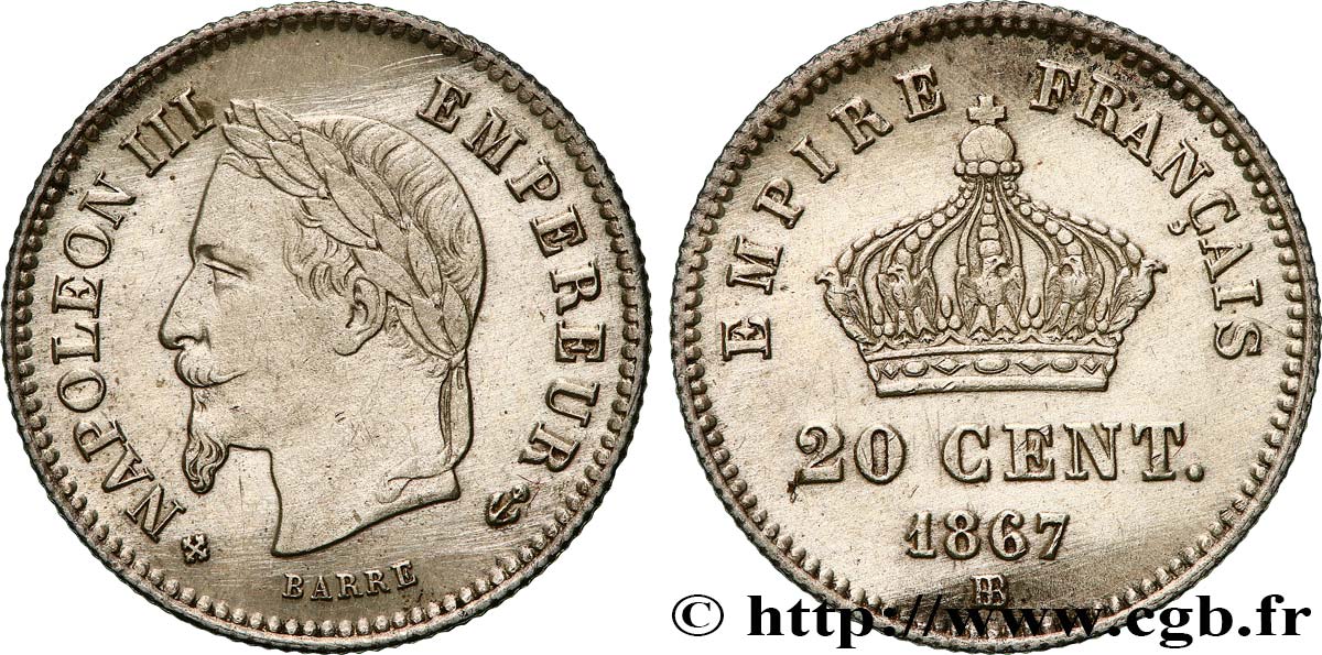 20 centimes Napoléon III, tête laurée, grand module 1867 Strasbourg F.150/2 EBC 