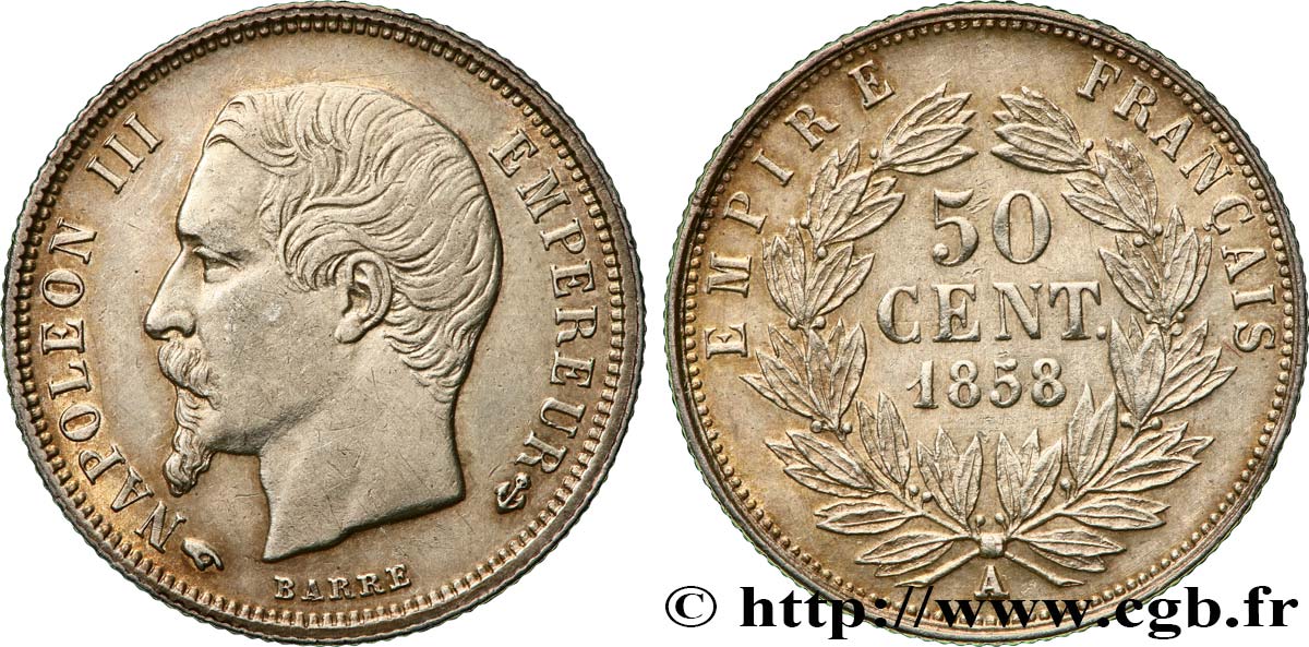 50 centimes Napoléon III, tête nue 1858 Paris F.187/9 AU 