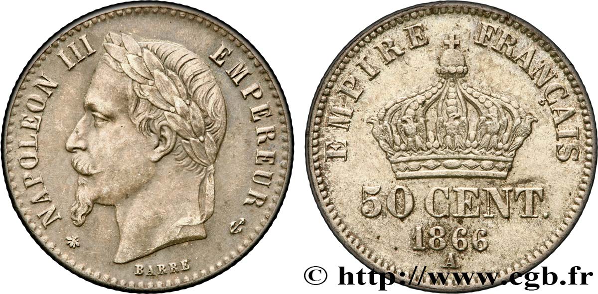 50 centimes Napoléon III, tête laurée 1866 Paris F.188/9 SPL55 