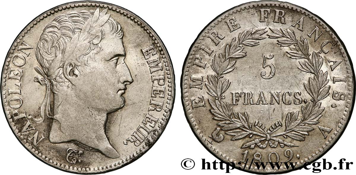 5 francs Napoléon Empereur, Empire français 1809 Paris F.307/1 TTB 