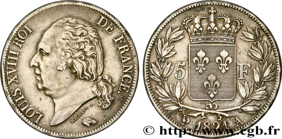 5 francs Louis XVIII, tête nue 1821 Paris F.309/60 SS50 