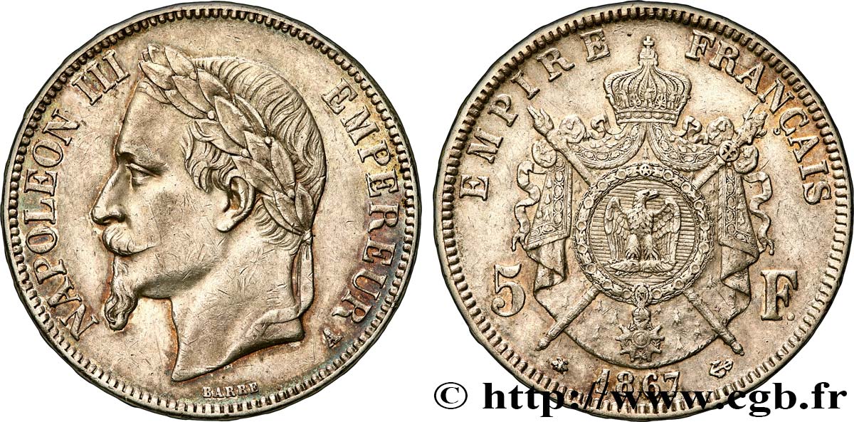 5 francs Napoléon III, tête laurée 1867 Paris F.331/10 BB50 