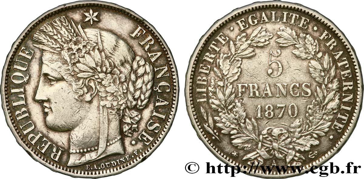 5 francs Cérès, avec légende 1870 Paris F.333/1 TTB 