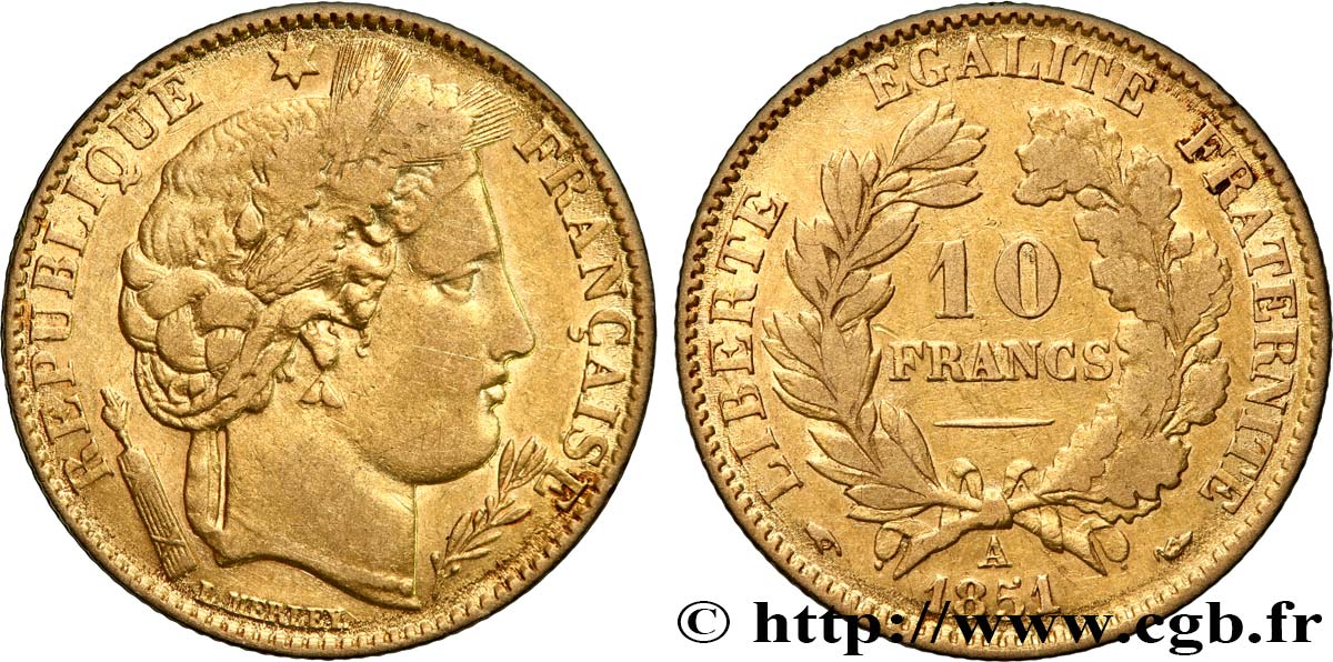 10 francs or Cérès, IIe République 1851 Paris F.504/3 VF25 