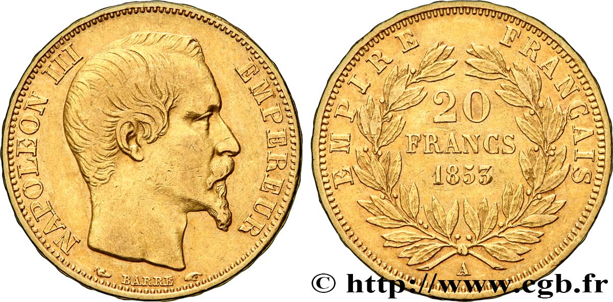 20 francs or Napoléon III, tête nue 1853 Paris F.531/1 BB45 