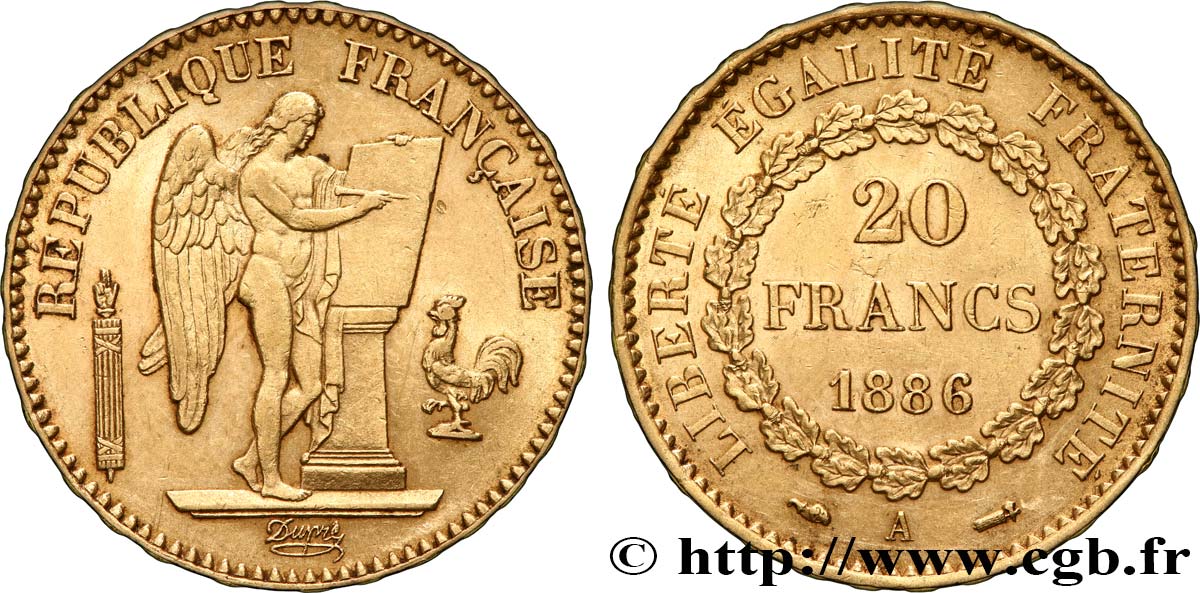 20 francs or Génie, IIIe République 1886 Paris F.533/9 EBC 