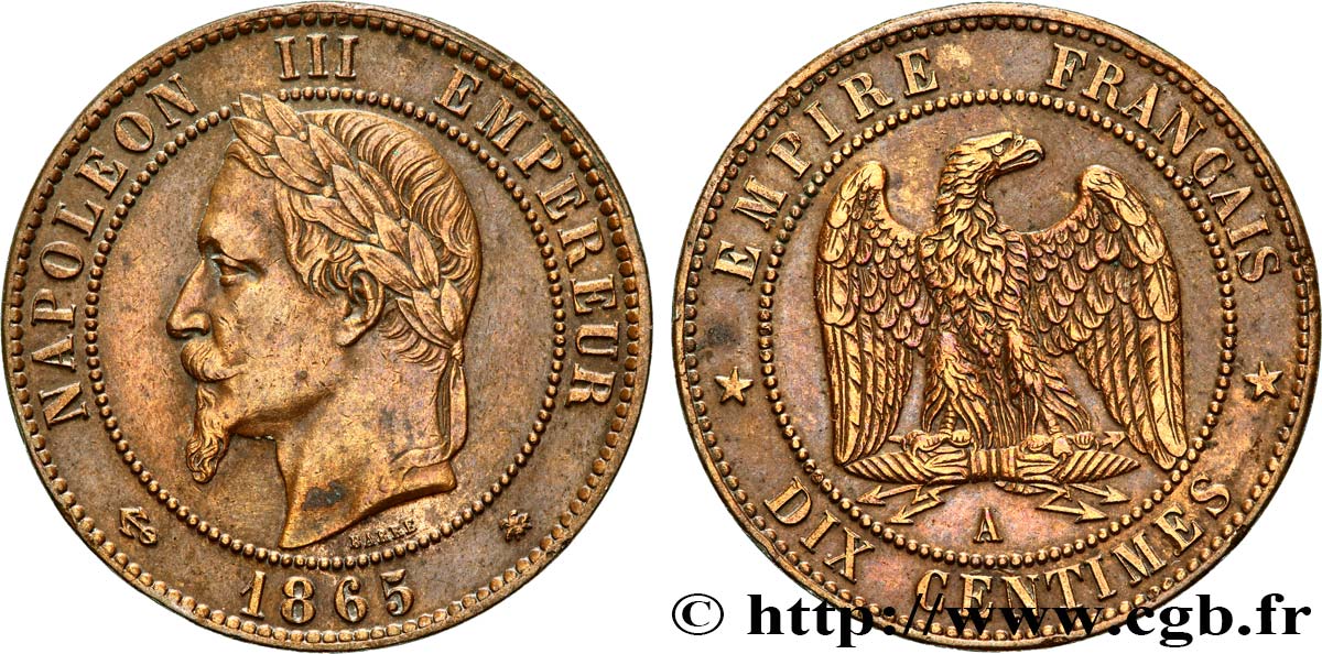 Dix centimes Napoléon III, tête laurée 1865 Paris F.134/16 MBC+ 