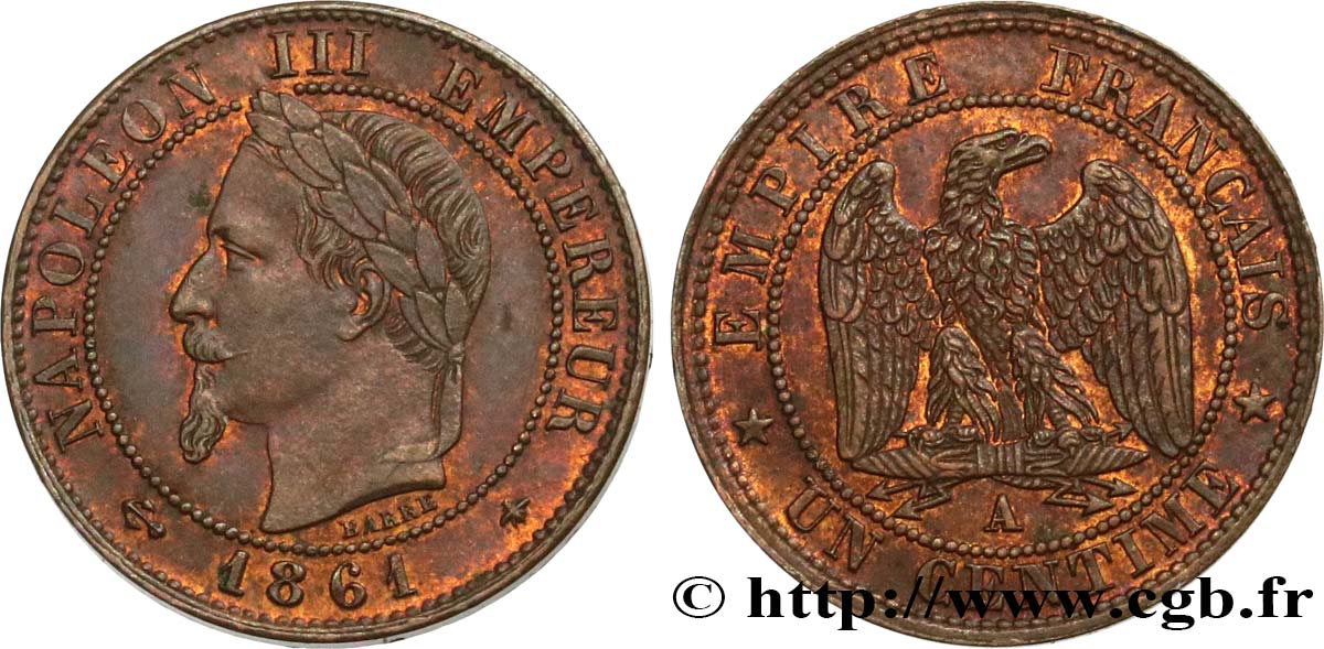 Un centime Napoléon III, tête laurée 1861 Paris F.103/1 TTB53 