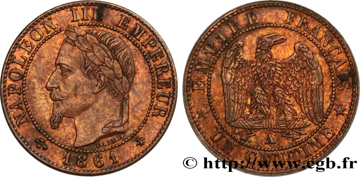 Un centime Napoléon III, tête laurée 1861 Paris F.103/1 SUP58 