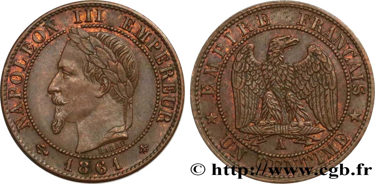 Un centime Napoléon III, tête laurée 1861 Paris F.103/1 SUP55 