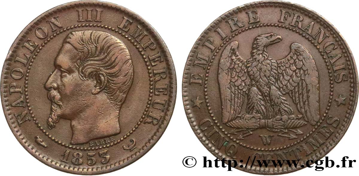 Cinq centimes Napoléon III, tête nue 1853 Lille F.116/7 TB35 
