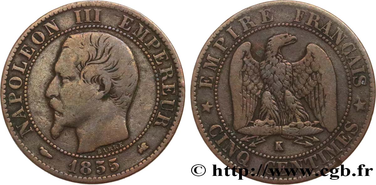 Cinq centimes Napoléon III, tête nue 1855 Bordeaux F.116/24 MB20 