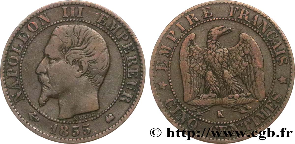 Cinq centimes Napoléon III, tête nue 1855 Bordeaux F.116/25 TB30 