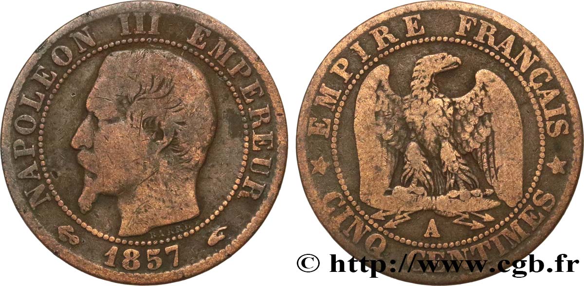 Cinq centimes Napoléon III, tête nue 1857 Paris F.116/37 TB15 