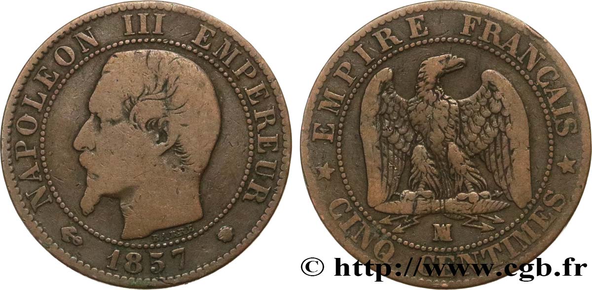 Cinq centimes Napoléon III, tête nue 1857 Marseille F.116/42 TB20 
