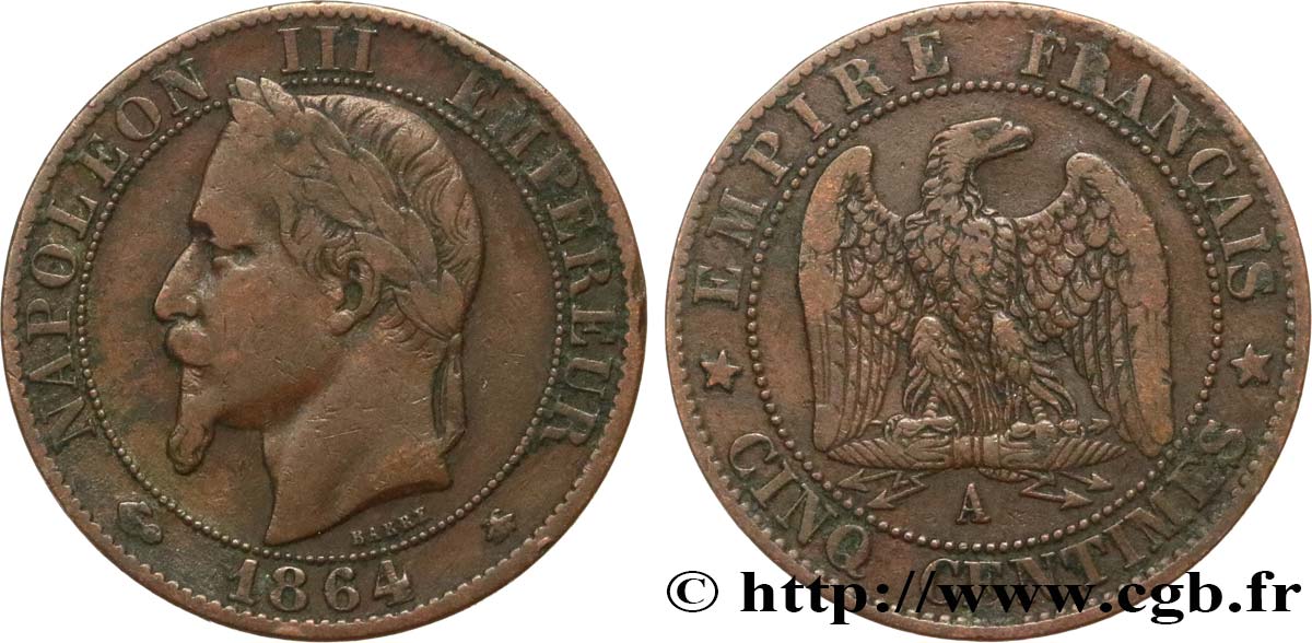 Cinq centimes Napoléon III, tête laurée 1864 Paris F.117/13 MB30 