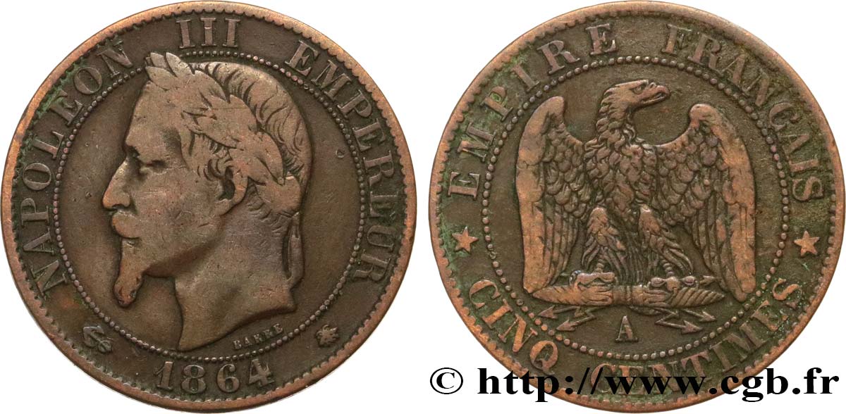 Cinq centimes Napoléon III, tête laurée 1864 Paris F.117/13 VF30 