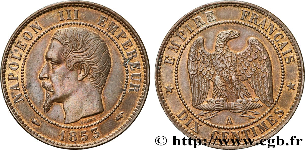 Dix centimes Napoléon III, tête nue 1853 Paris F.133/2 SPL55 