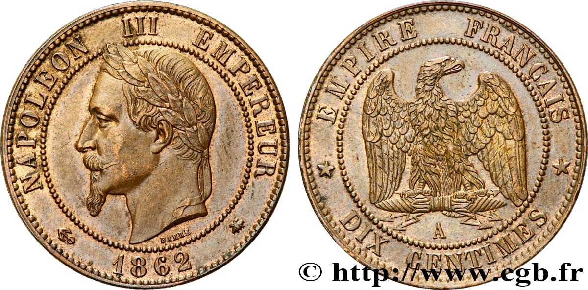 Dix centimes Napoléon III, tête laurée 1862 Paris F.134/7 VZ55 