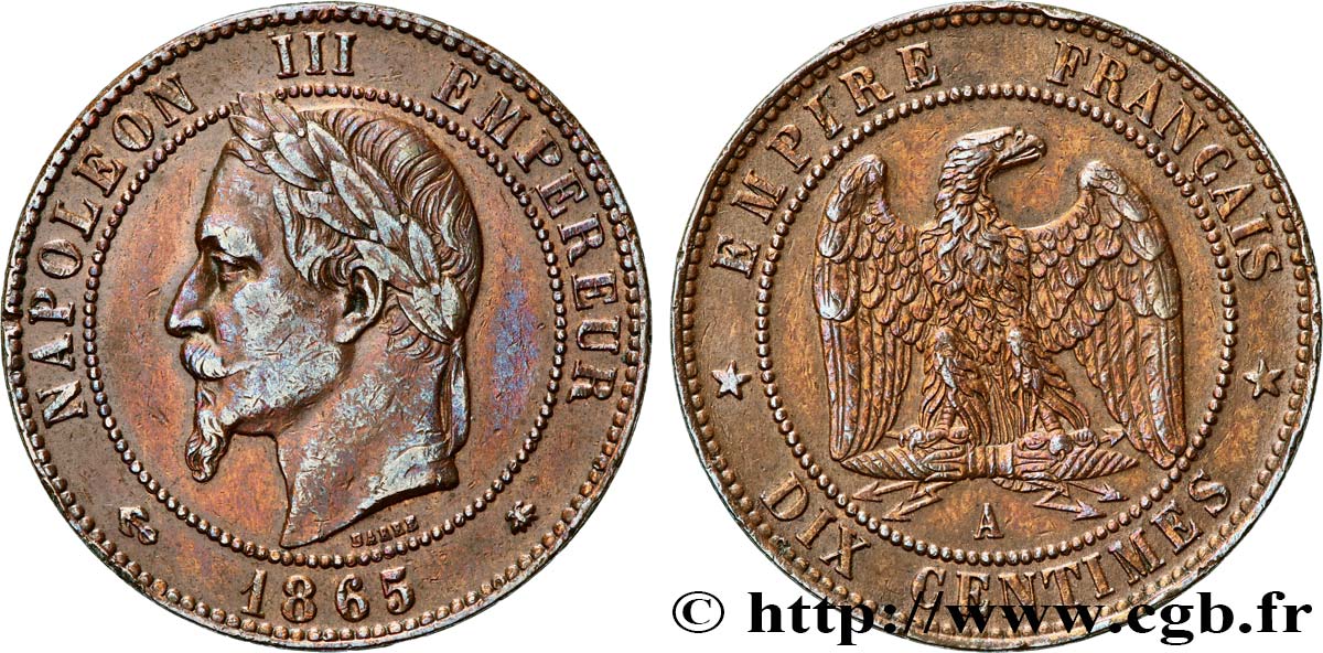 Dix centimes Napoléon III, tête laurée 1865 Paris F.134/16 TTB 