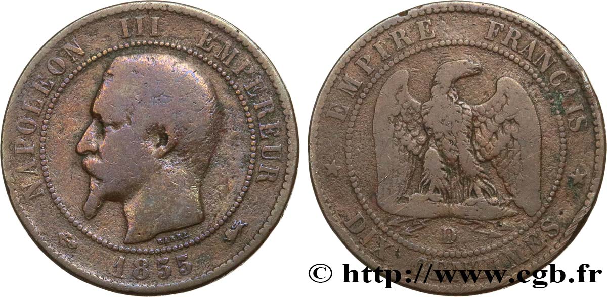 Dix centimes Napoléon III, tête nue 1855 Lyon F.133/26 VF20 