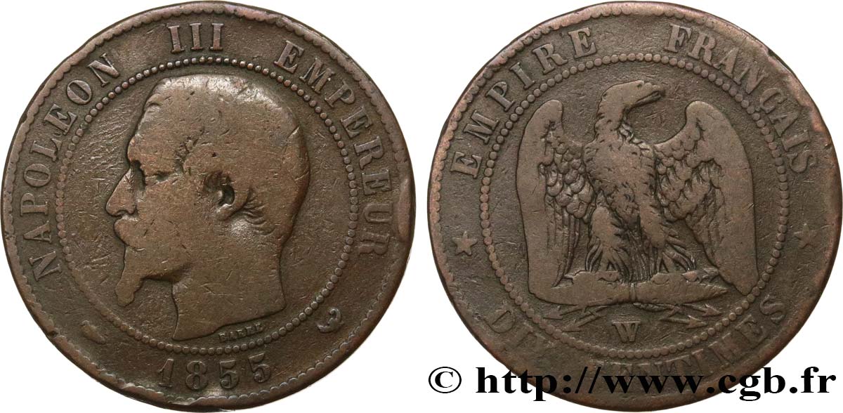 Dix centimes Napoléon III, tête nue 1855 Lille F.133/32 VF20 