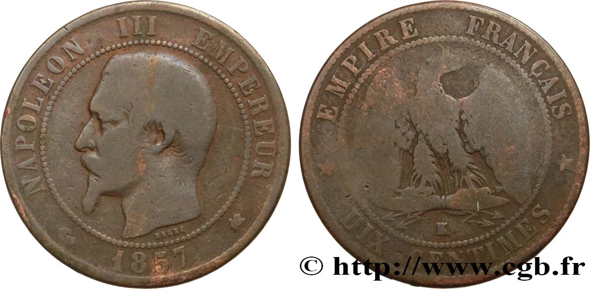 Dix centimes Napoléon III, tête nue 1857 Bordeaux F.133/44 B12 