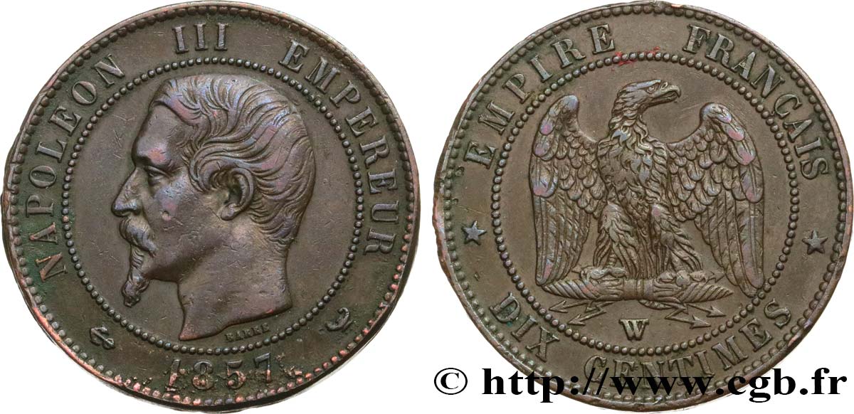 Dix centimes Napoléon III, tête nue 1857 Lille F.133/46 MBC40 