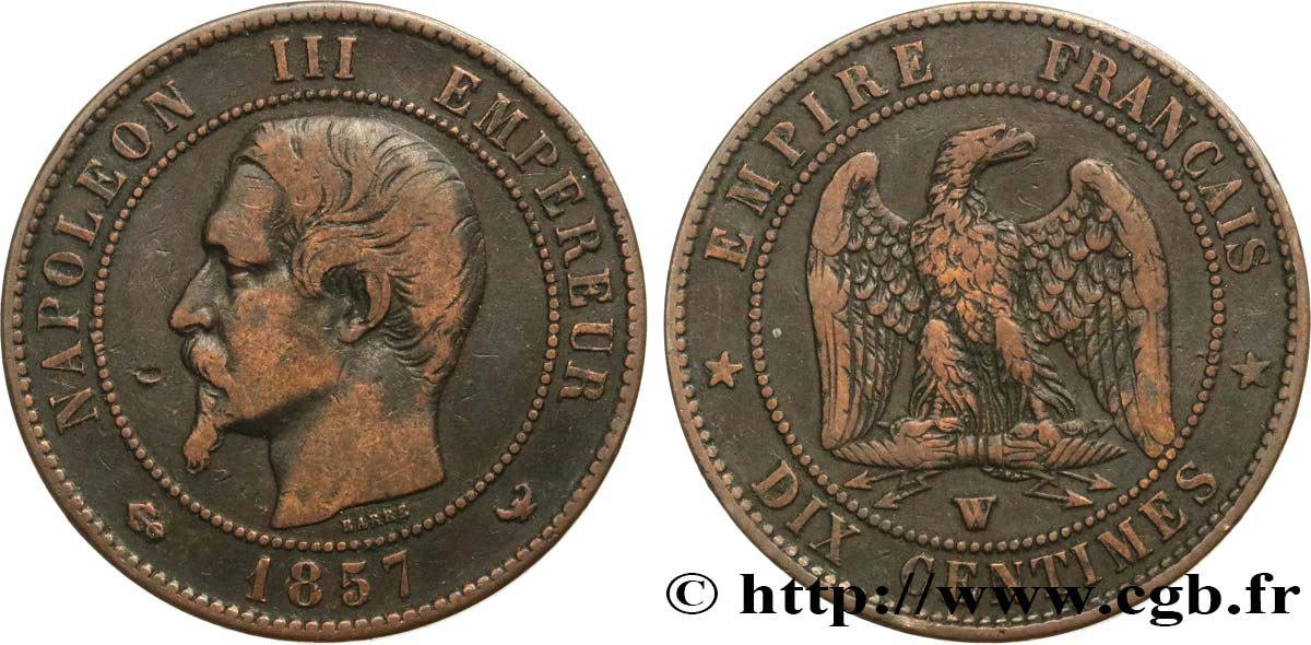 Dix centimes Napoléon III, tête nue 1857 Lille F.133/46 TB30 