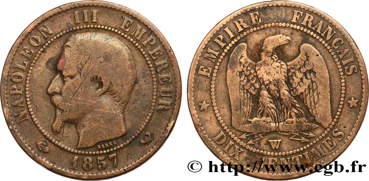 Dix centimes Napoléon III, tête nue 1857 Lille F.133/46 TB20 