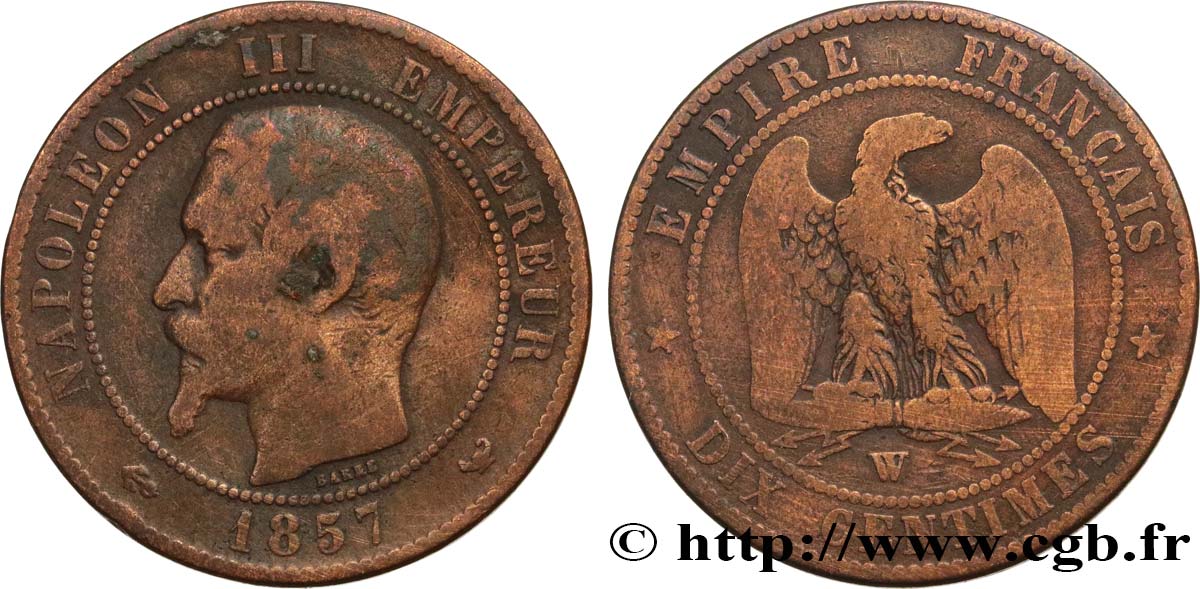 Dix centimes Napoléon III, tête nue 1857 Lille F.133/46 TB15 