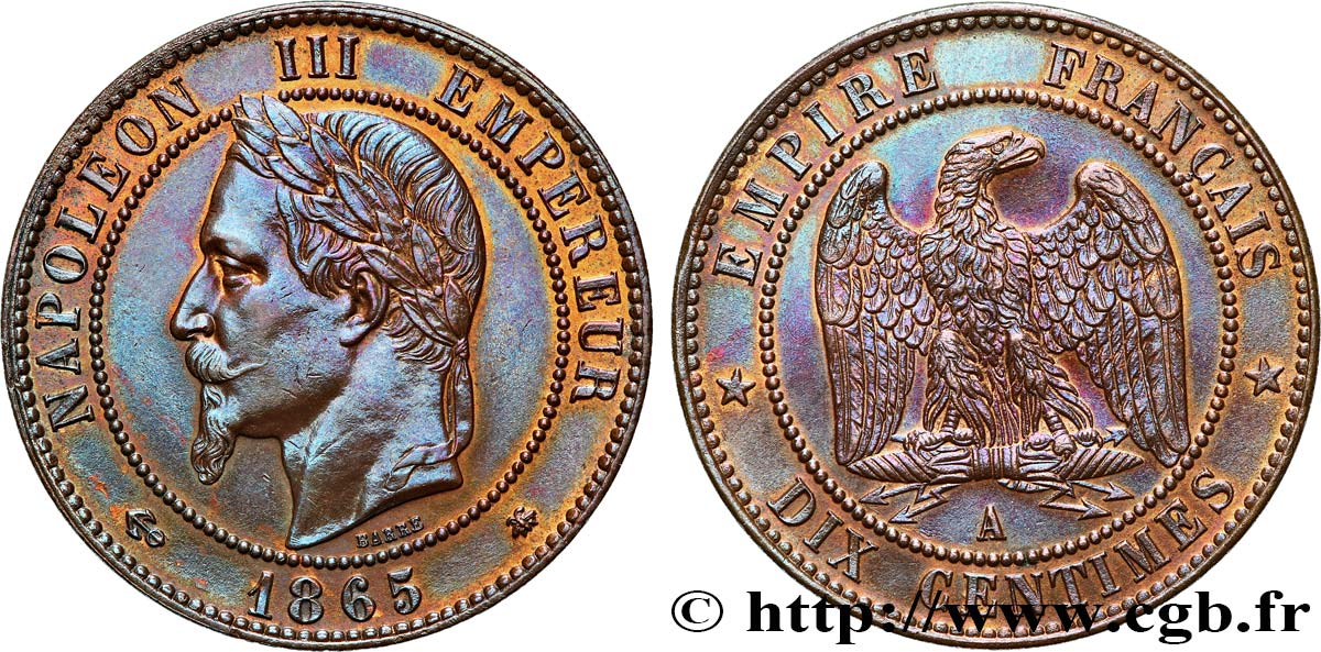 Dix centimes Napoléon III, tête laurée 1865 Paris F.134/16 SUP 