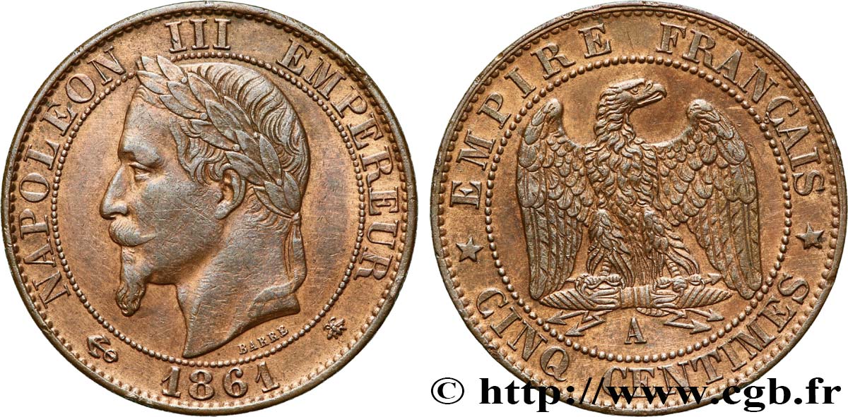 Cinq centimes Napoléon III, tête laurée 1861 Paris F.117/4 q.SPL 