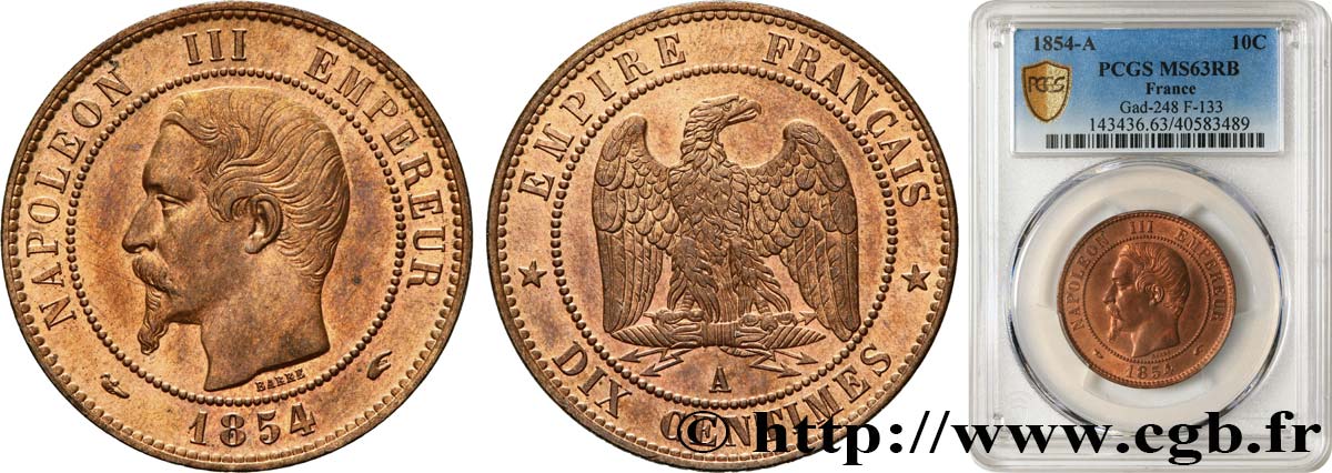 Dix centimes Napoléon III, tête nue 1854 Paris F.133/11 MS63 PCGS
