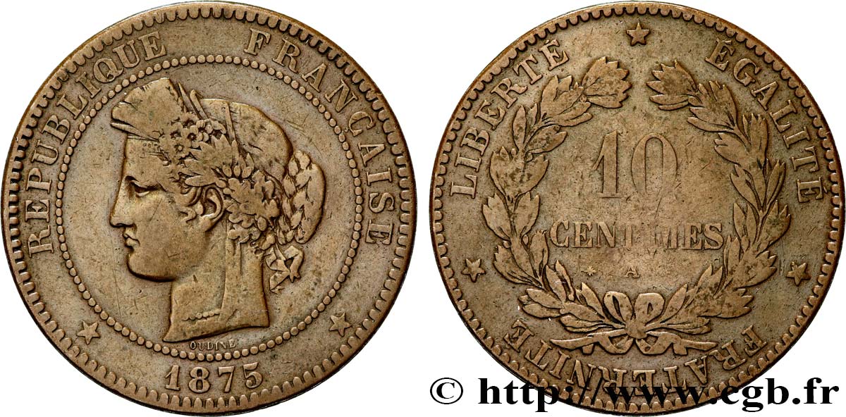 10 centimes Cérès 1875 Paris F.135/14 TB15 