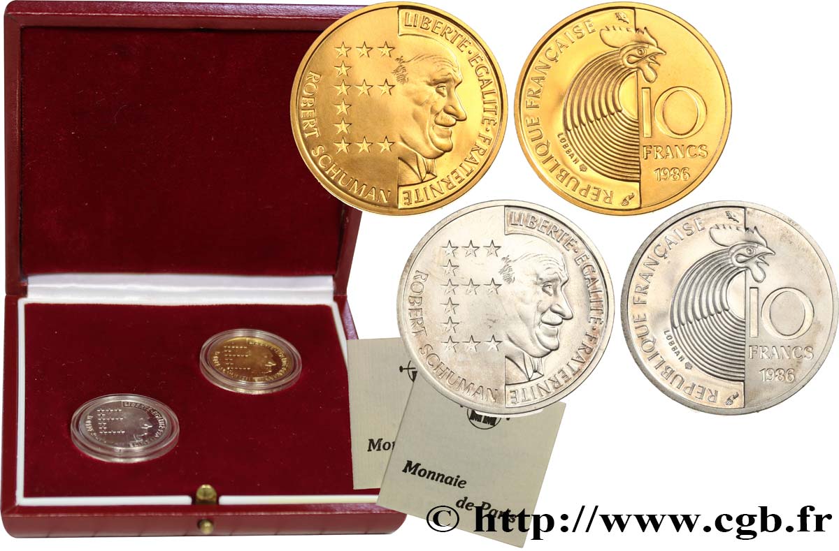 Coffret Belle Épreuve de deux 10 francs Schuman Or et Argent 1986  F5.1303 1 ST 