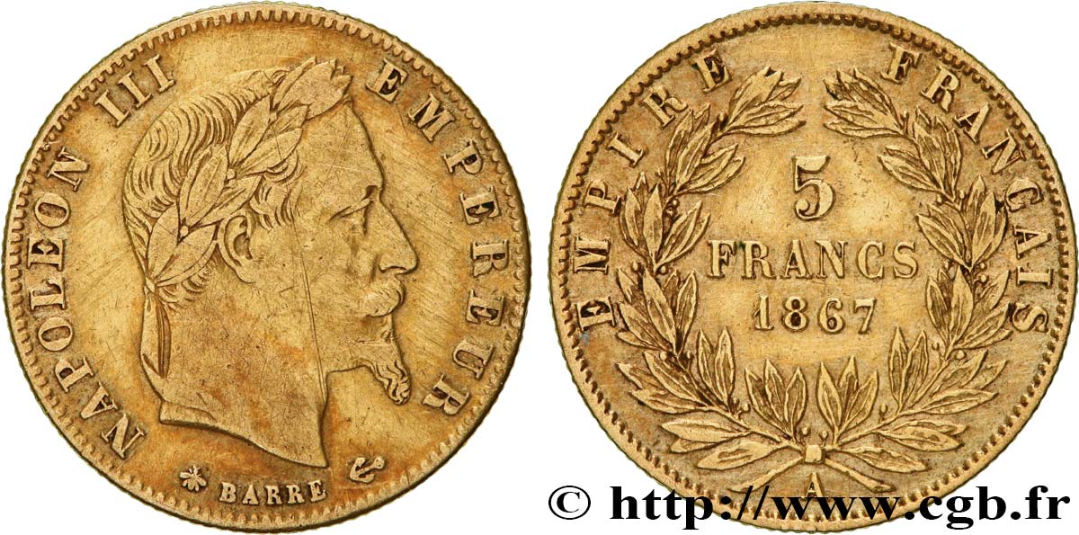 5 francs or Napoléon III, tête laurée 1867 Paris F.502/11 VF 