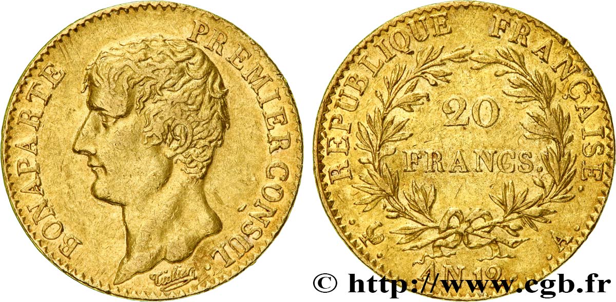 20 francs or Bonaparte Premier Consul 1804 Paris F.510/2 MBC 
