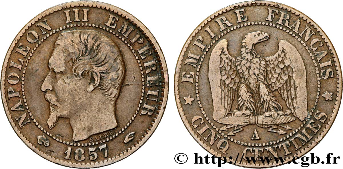 Cinq centimes Napoléon III, tête nue 1857 Paris F.116/37 TB20 