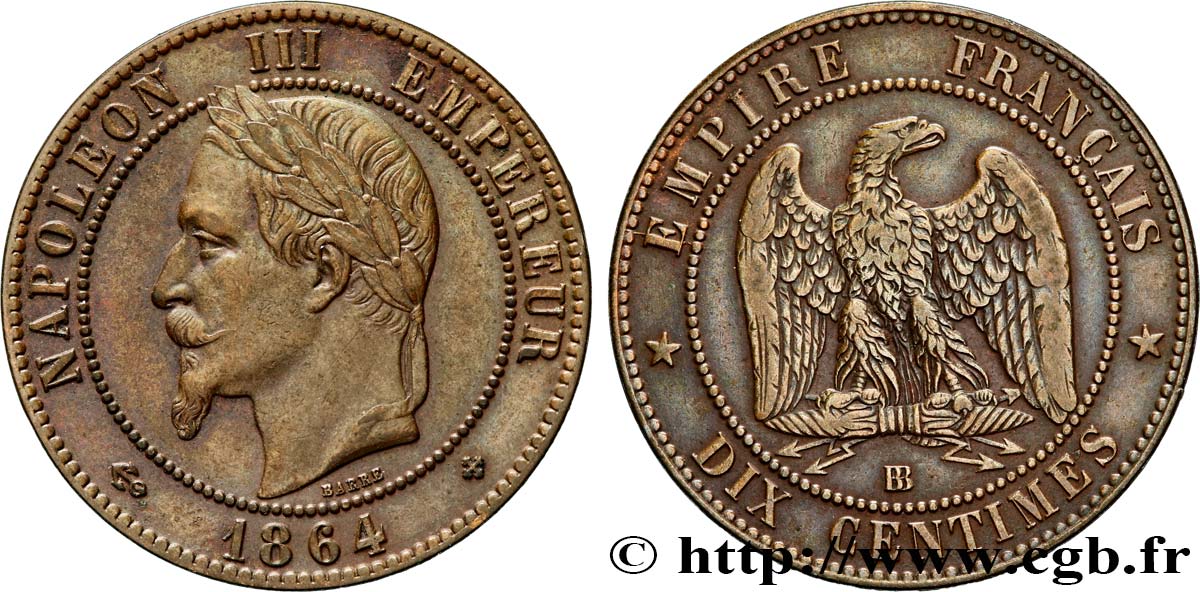 Dix centimes Napoléon III, tête laurée 1864 Strasbourg F.134/14 XF40 
