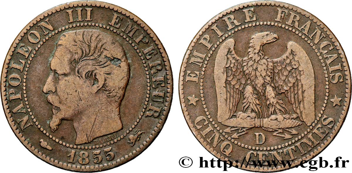 Cinq centimes Napoléon III, tête nue 1855 Lyon F.116/22 TB20 