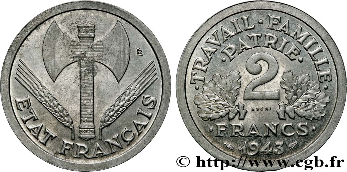 Essai de 2 francs Francisque 1943 Paris F.270/1 SUP 