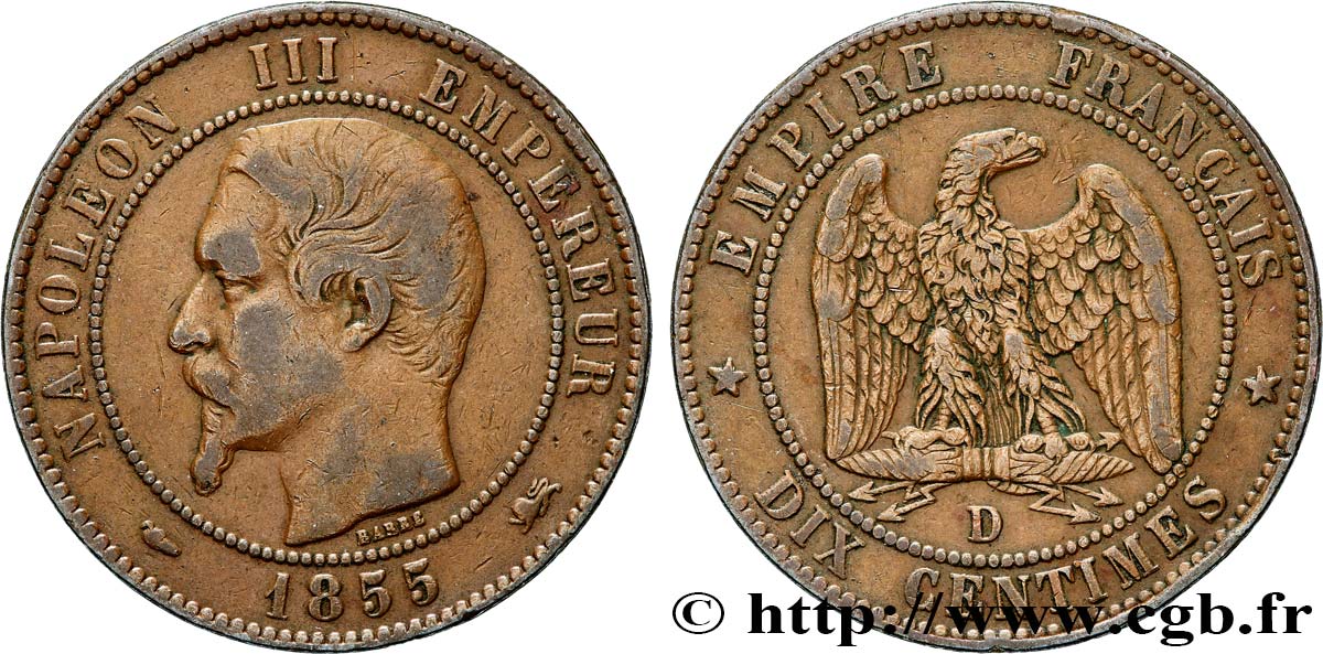 Dix centimes Napoléon III, tête nue 1855 Lyon F.133/25 VF35 