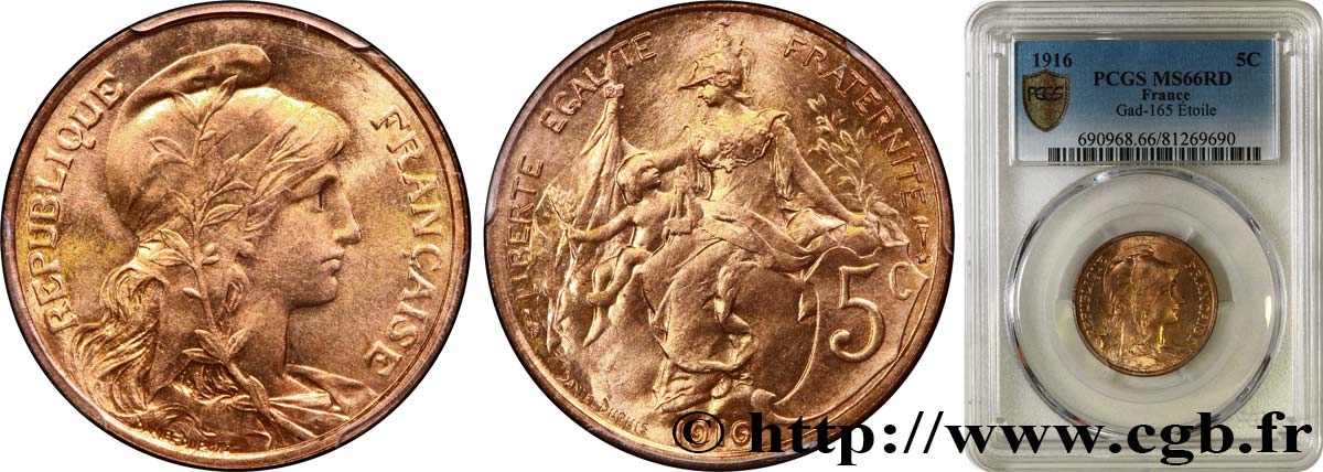 5 centimes Daniel-Dupuis 1916  F.119/29 ST66 PCGS