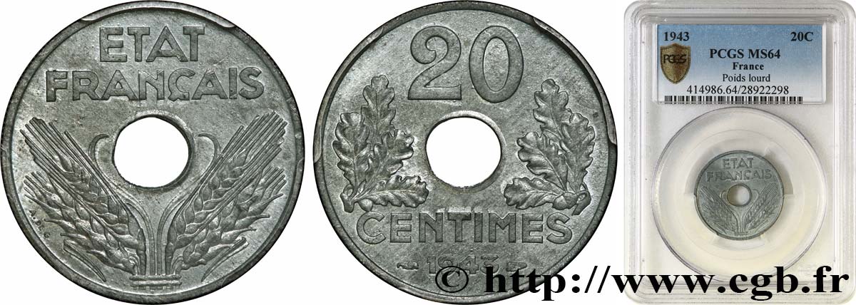 20 centimes État français, lourde 1943  F.153/5 MS64 PCGS