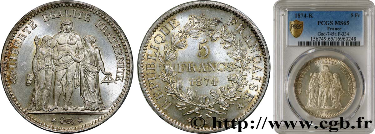5 francs Hercule 1874 Bordeaux F.334/13 FDC65 PCGS